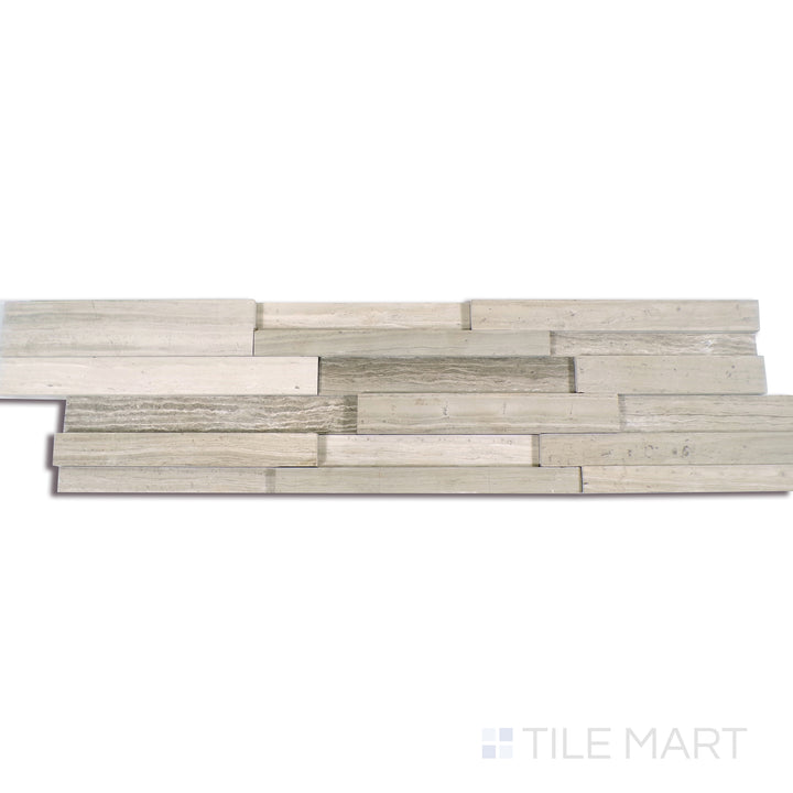 Angled shot of WHITE OAK 3D HONED 6x24 PANEL  MARBLE PANEL with a HONED finish, displaying the fine craftsmanship and layered design from a different angle.
