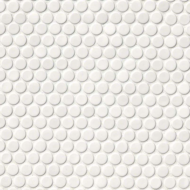 Top-down view of BIANCO PENNY ROUND GLOSSY in MARBLE MOSAIC with a GLOSSY finish, emphasizing its surface details and intricate design.