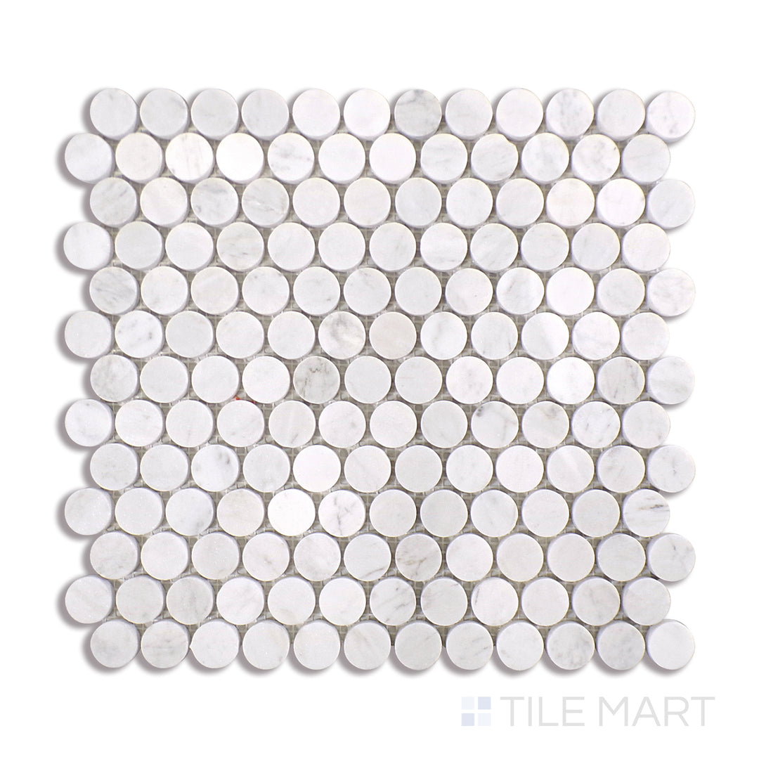 Angled shot of BIANCO PENNY ROUND GLOSSY MARBLE MOSAIC with a GLOSSY finish, highlighting the intricate details and elegant finish from a unique perspective.