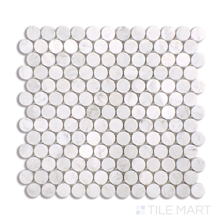 Angled shot of BIANCO PENNY ROUND GLOSSY MARBLE MOSAIC with a GLOSSY finish, highlighting the intricate details and elegant finish from a unique perspective.