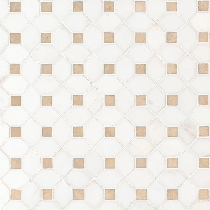 Top-down view of BIANCO DOLOMITE CREMA DOTTY MOSAIC in MARBLE MOSAIC with a POLISHED finish, revealing the subtle texture and material patterns.