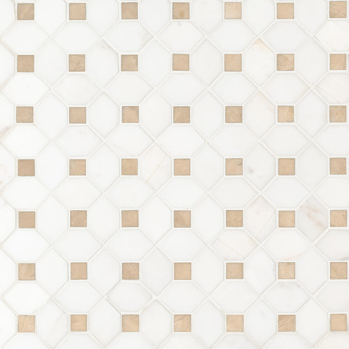 Top-down view of BIANCO DOLOMITE CREMA DOTTY MOSAIC in MARBLE MOSAIC with a POLISHED finish, revealing the subtle texture and material patterns.