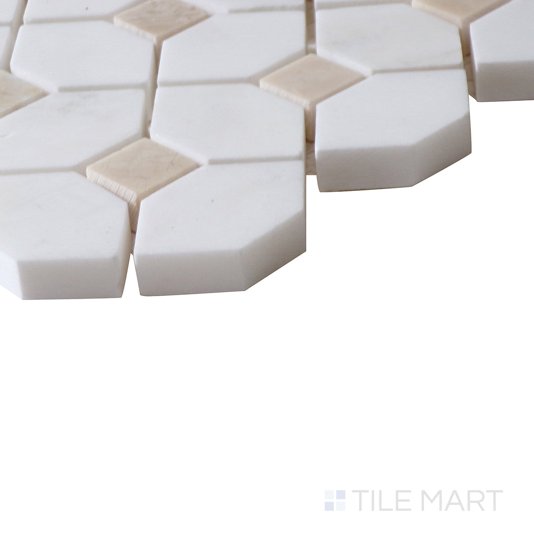 Corner shot of BIANCO DOLOMITE CREMA DOTTY MOSAIC MARBLE MOSAIC with a POLISHED finish, offering a close-up look at the product's durability and material thickness at the corner.