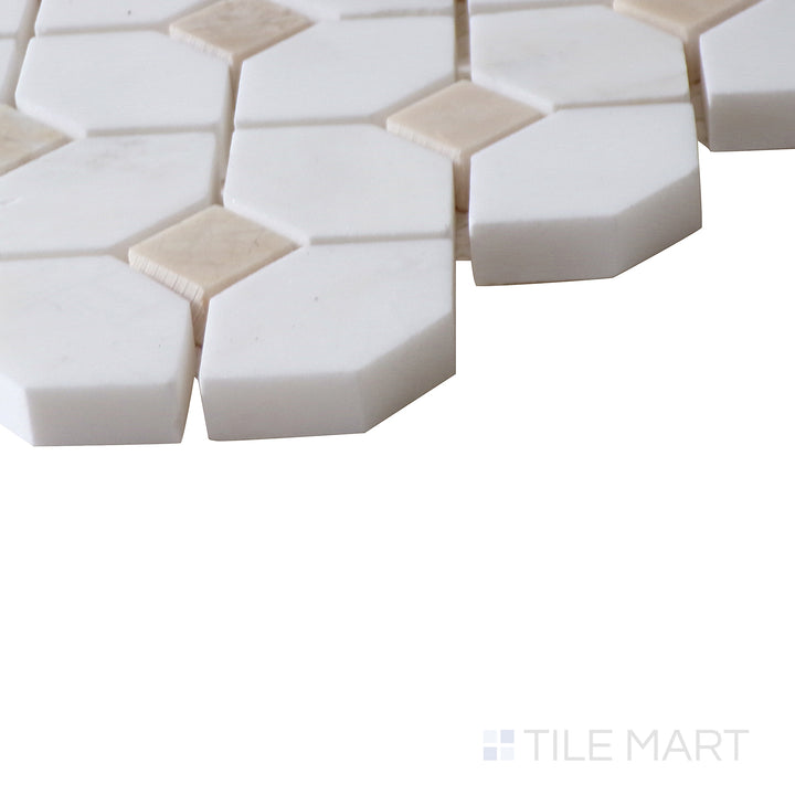 Corner shot of BIANCO DOLOMITE CREMA DOTTY MOSAIC MARBLE MOSAIC with a POLISHED finish, offering a close-up look at the product's durability and material thickness at the corner.