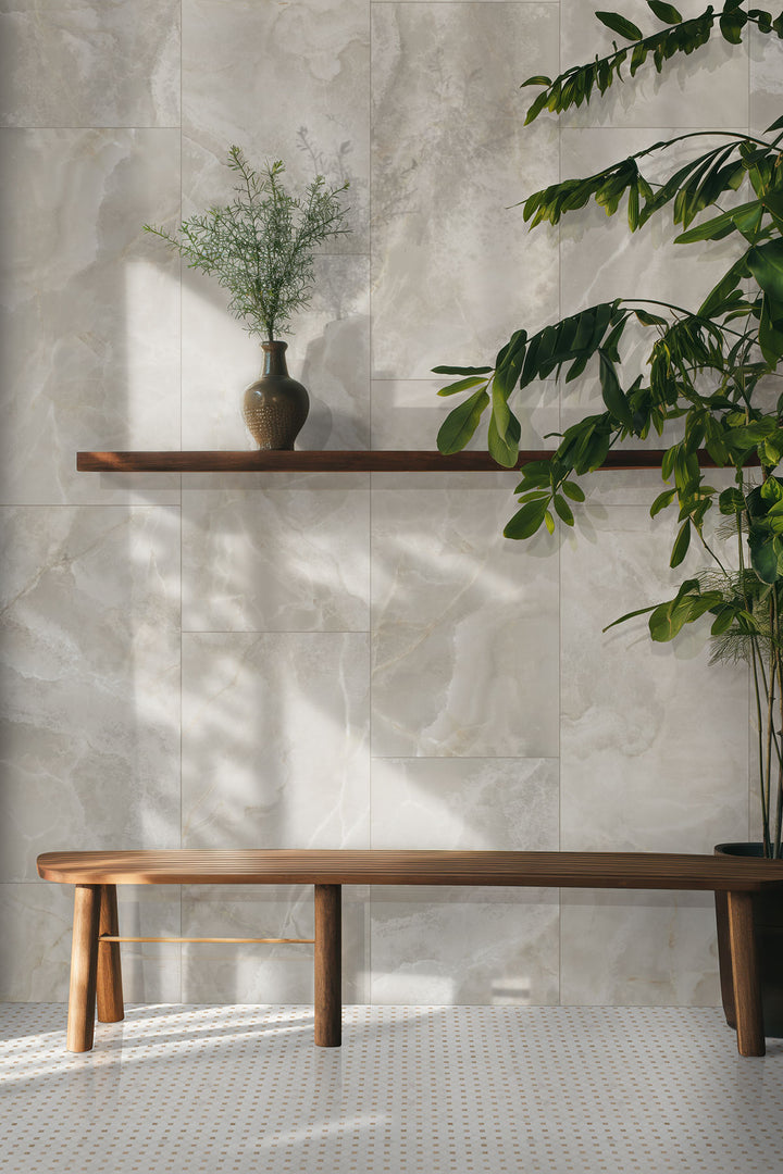 A polished marble mosaic with a playful yet elegant dot pattern, Bianco Dolomite Dotty adds charm and sophistication.