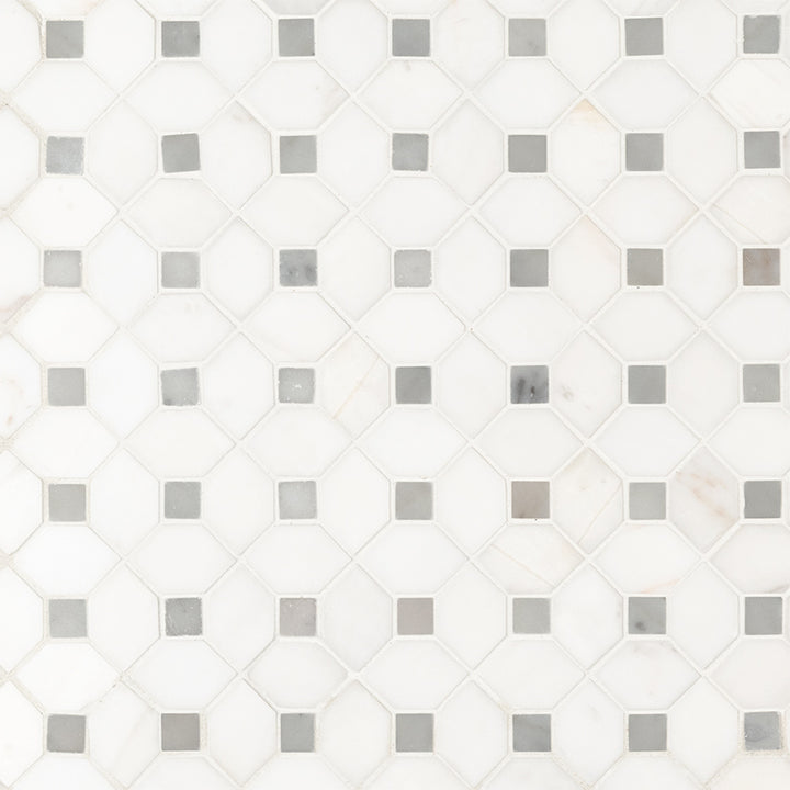 Top-down view of BIANCO DOLOMITE DOTTY MOSAIC in MARBLE MOSAIC with a POLISHED finish, featuring the intricate surface characteristics and refined finish.