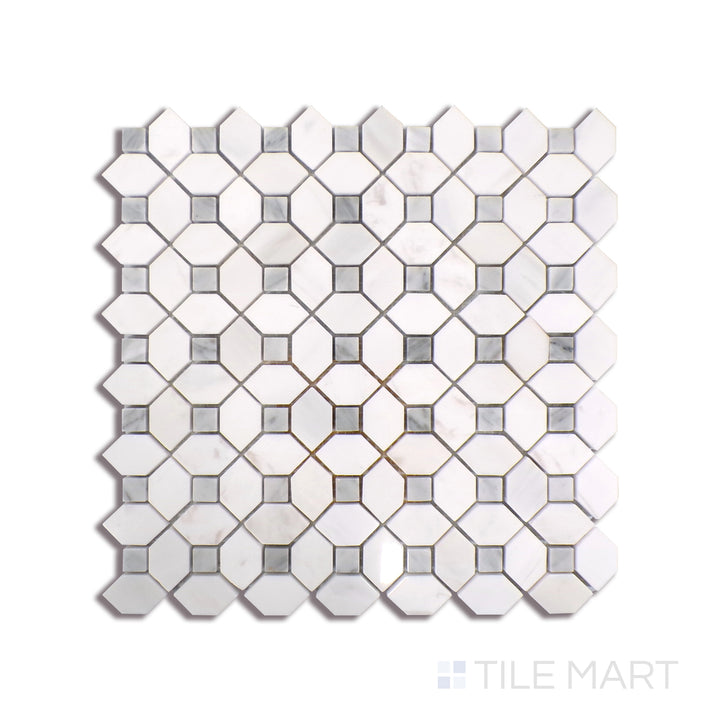 Angled shot of BIANCO DOLOMITE DOTTY MOSAIC MARBLE MOSAIC with a POLISHED finish, capturing the rich texture from a distinct angle.