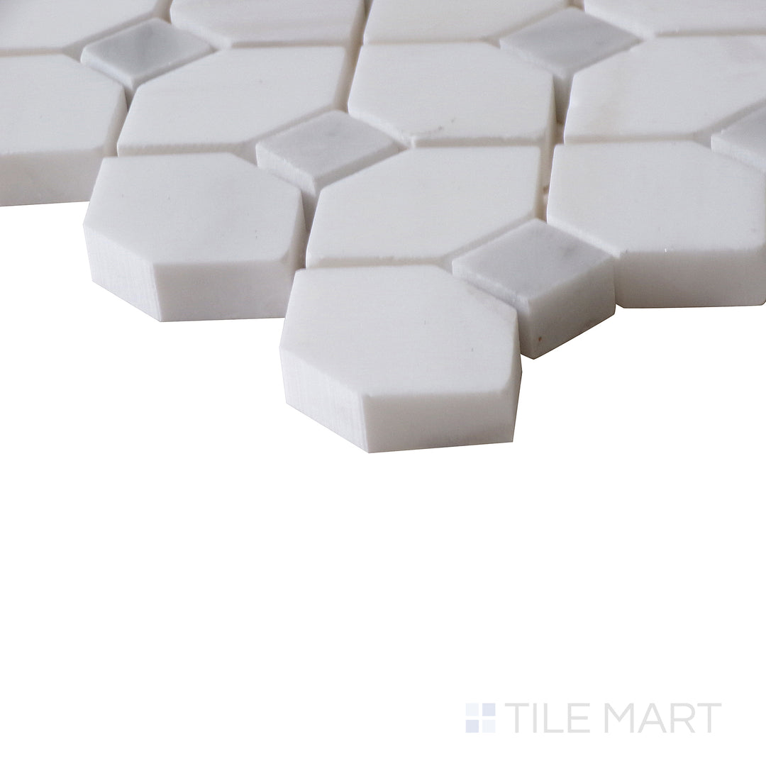 Corner shot of BIANCO DOLOMITE DOTTY MOSAIC MARBLE MOSAIC with a POLISHED finish, revealing the intricate edge detailing and thickness from a corner viewpoint.