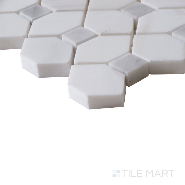 Corner shot of BIANCO DOLOMITE DOTTY MOSAIC MARBLE MOSAIC with a POLISHED finish, revealing the intricate edge detailing and thickness from a corner viewpoint.