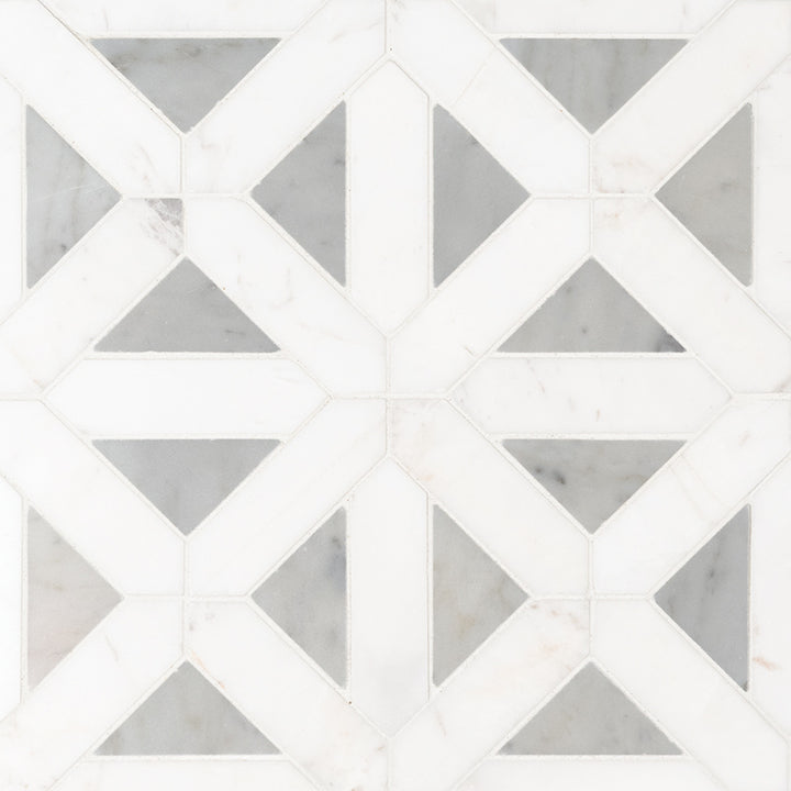 Top-down view of BIANCO DOLOMITE GEOMETRICA MOSAIC in MARBLE MOSAIC with a POLISHED finish, featuring the intricate surface characteristics and refined finish.