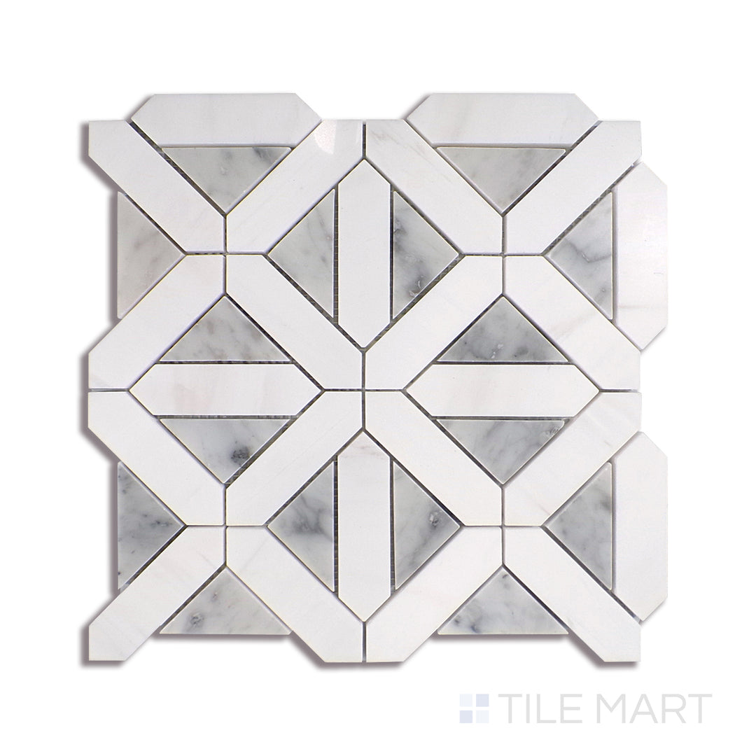 Angled shot of BIANCO DOLOMITE GEOMETRICA MOSAIC MARBLE MOSAIC with a POLISHED finish, revealing the depth of the product with a skewed visual perspective.