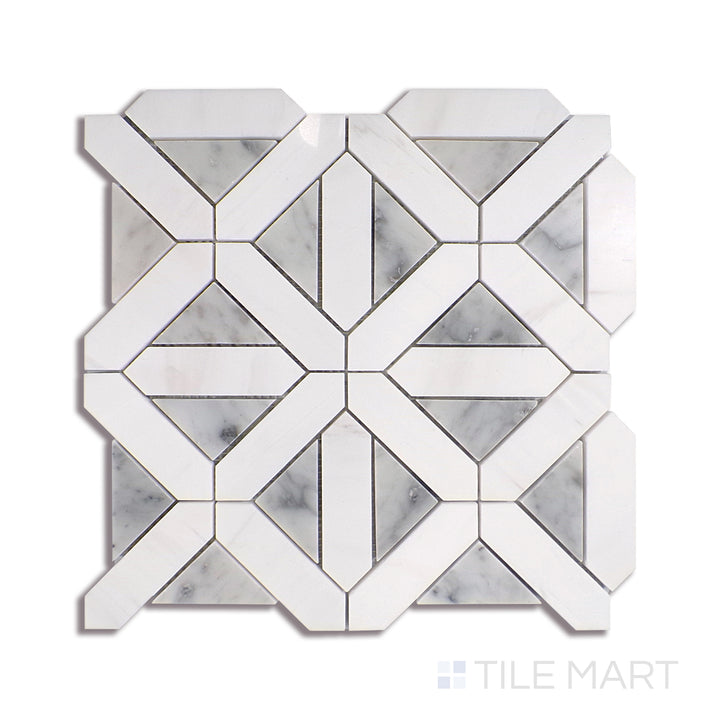 Angled shot of BIANCO DOLOMITE GEOMETRICA MOSAIC MARBLE MOSAIC with a POLISHED finish, revealing the depth of the product with a skewed visual perspective.