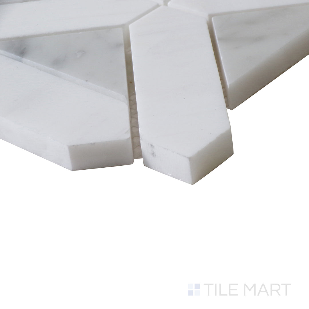 Corner shot of BIANCO DOLOMITE GEOMETRICA MOSAIC MARBLE MOSAIC with a POLISHED finish, capturing the thickness and material depth from an angled corner perspective.