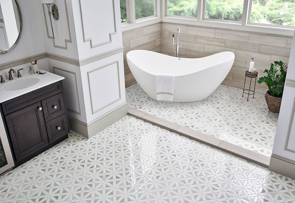 Emphasizing the beauty of BIANCO DOLOMITE GEOMETRICA MOSAIC MARBLE MOSAIC with a POLISHED finish, complementing the contemporary décor with modern flair.