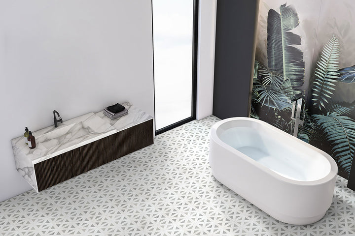 A geometric pattern in crisp white marble adds depth and elegance, offering a contemporary appeal with Bianco Dolomite Geometrica polished marble mosaic.