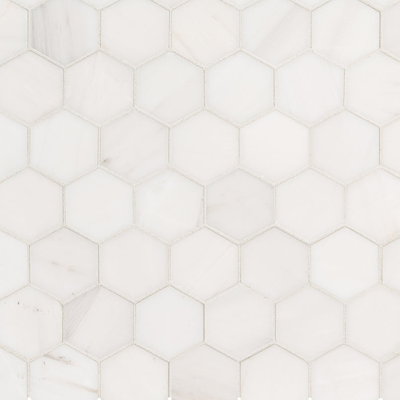 Top-down view of BIANCO DOLOMITE HEXAGON MOSAIC in MARBLE MOSAIC with a POLISHED finish, showcasing the detailed finish and surface pattern.