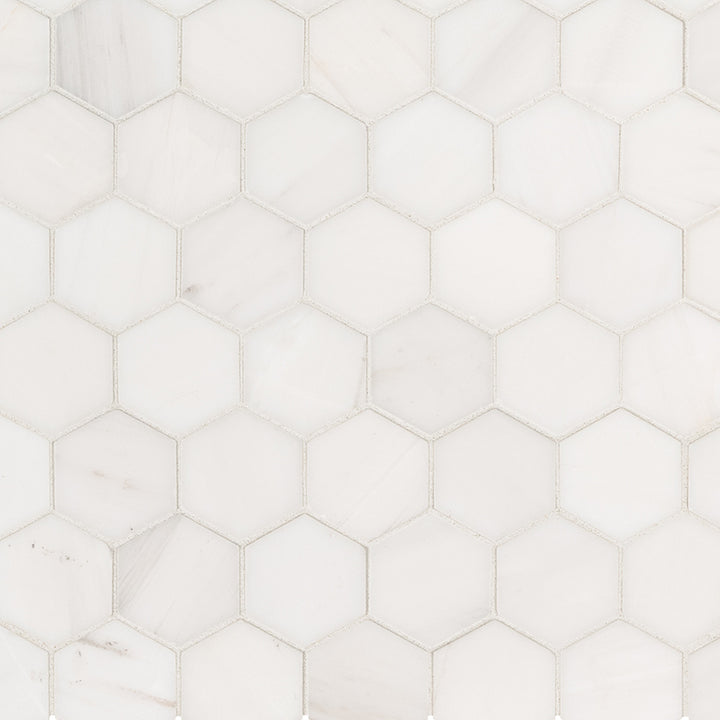 Top-down view of BIANCO DOLOMITE HEXAGON MOSAIC in MARBLE MOSAIC with a POLISHED finish, showcasing the detailed finish and surface pattern.