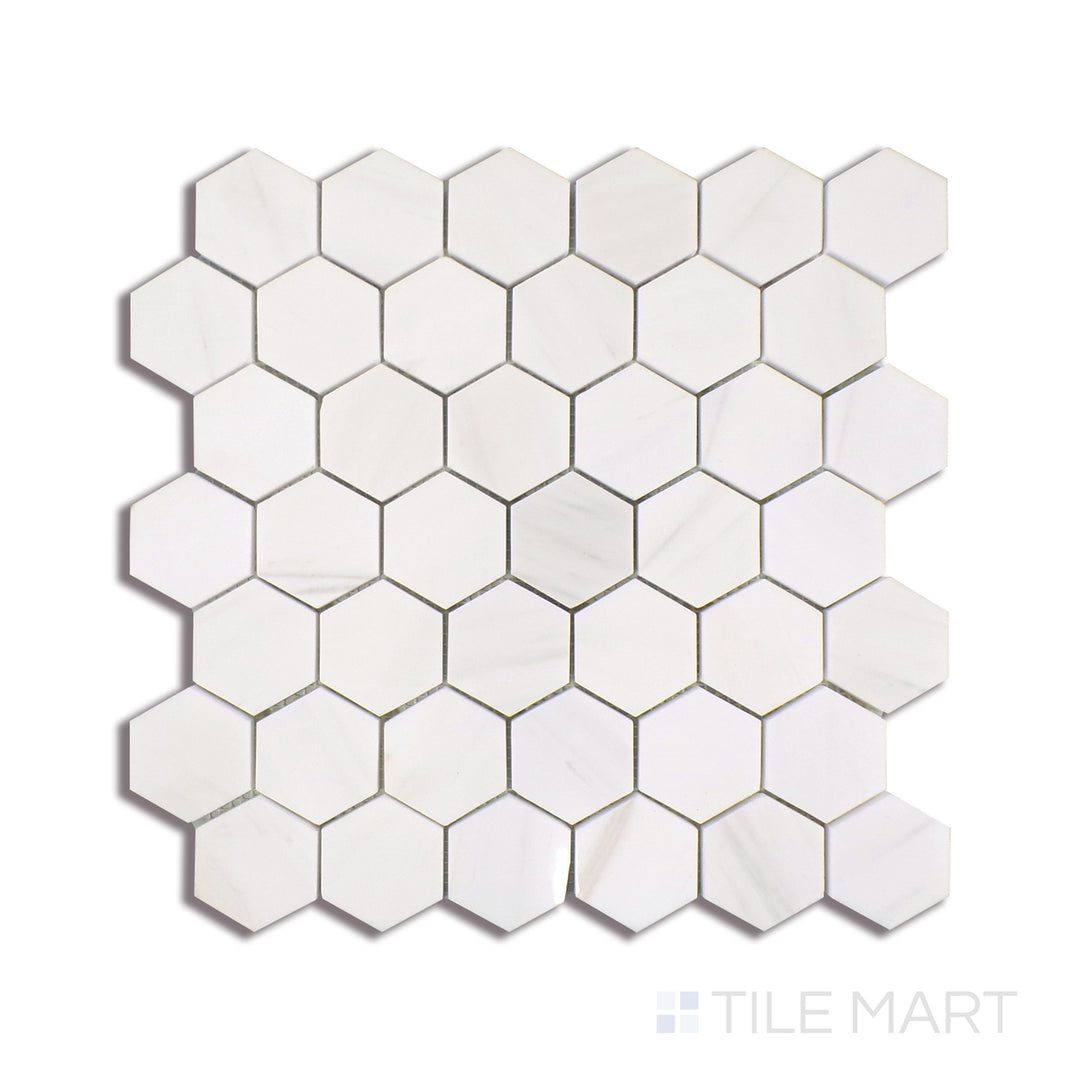 Angled shot of BIANCO DOLOMITE HEXAGON MOSAIC MARBLE MOSAIC with a POLISHED finish, showing the sleek surface and dimensionality from a slanted view.
