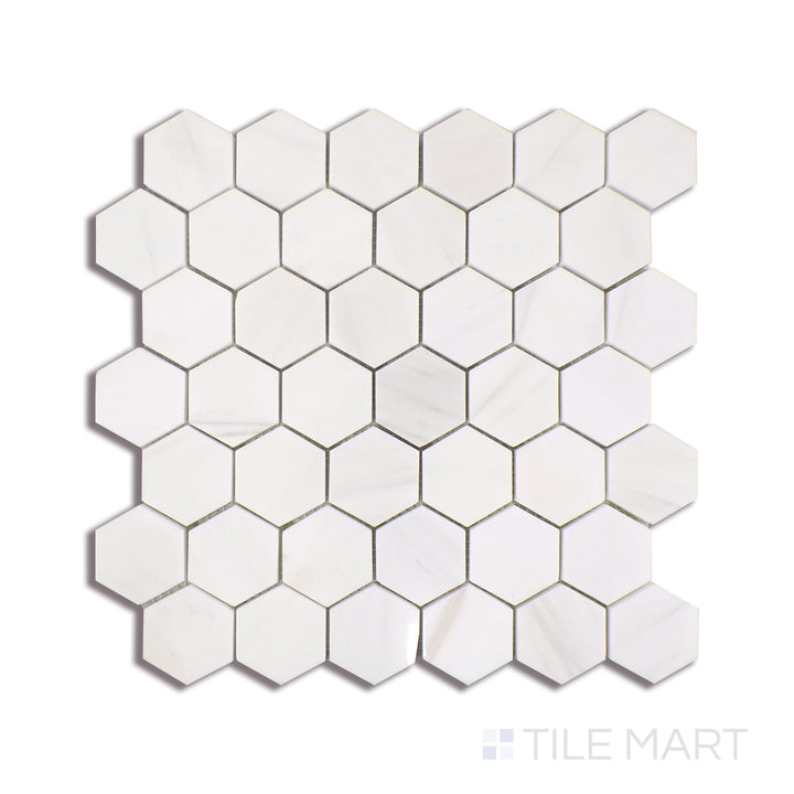 Angled shot of BIANCO DOLOMITE HEXAGON MOSAIC MARBLE MOSAIC with a POLISHED finish, showing the sleek surface and dimensionality from a slanted view.