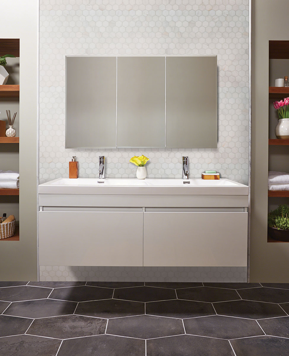 Highlighting the elegance of BIANCO DOLOMITE HEXAGON MOSAIC MARBLE MOSAIC with a POLISHED finish, enhancing the minimalist design with its sleek appearance.