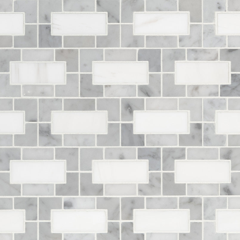 Top-down view of BIANCO DOLOMITE LYNX MOSAIC in MARBLE MOSAIC with a POLISHED finish, presenting the smooth texture and material richness.