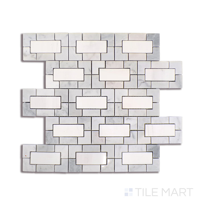 Angled shot of BIANCO DOLOMITE LYNX MOSAIC MARBLE MOSAIC with a POLISHED finish, displaying the fine craftsmanship and layered design from a different angle.