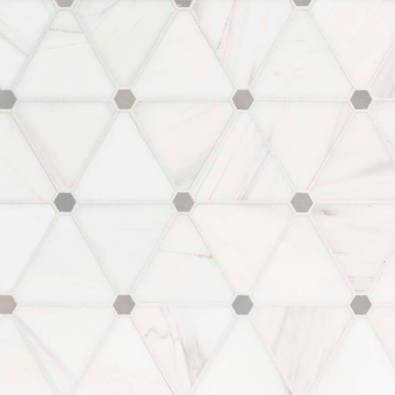 Top-down view of BIANCO DOLOMITE PINWHEEL MOSAIC in MARBLE MOSAIC with a POLISHED finish, featuring the intricate surface characteristics and refined finish.