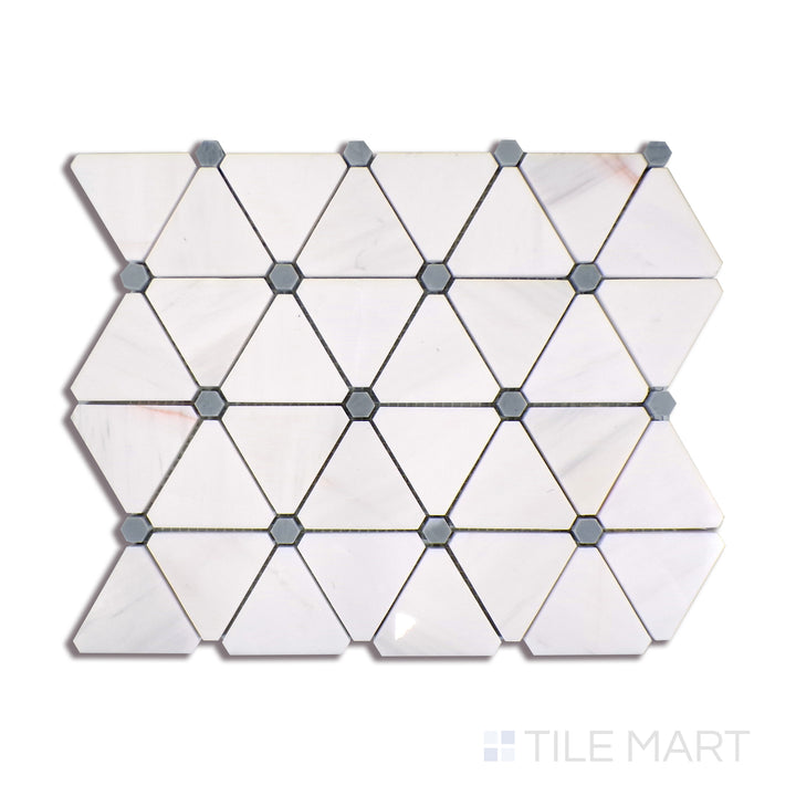 Angled shot of BIANCO DOLOMITE PINWHEEL MOSAIC MARBLE MOSAIC with a POLISHED finish, revealing the depth of the product with a skewed visual perspective.