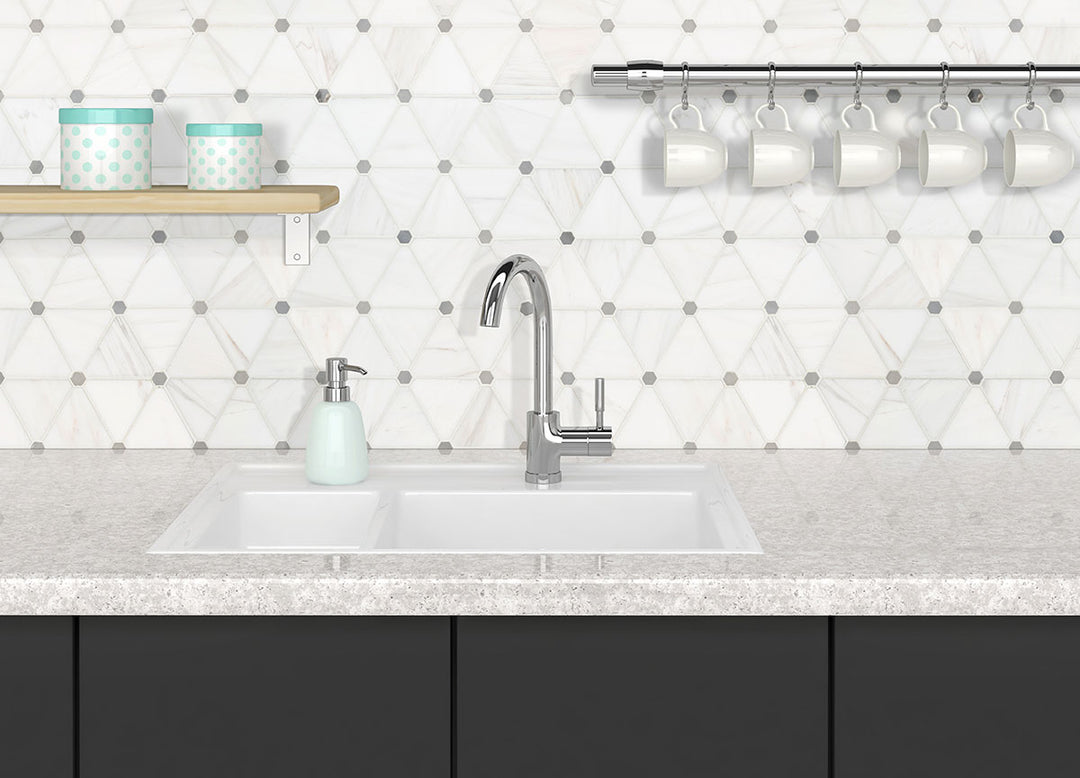 Timeless elegance meets intricate design with Bianco Dolomite Pinwheel polished marble mosaic, featuring a balanced pattern.