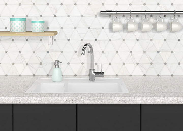Timeless elegance meets intricate design with Bianco Dolomite Pinwheel polished marble mosaic, featuring a balanced pattern.
