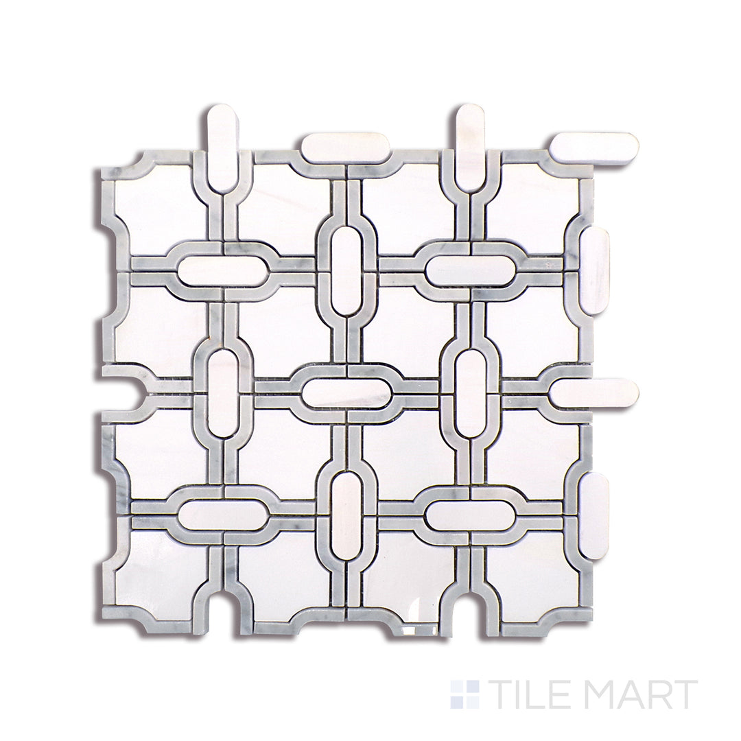 Angled shot of BIANCO GRIDWORK POLISHED MARBLE MOSAIC with a POLISHED finish, revealing the depth of the product with a skewed visual perspective.