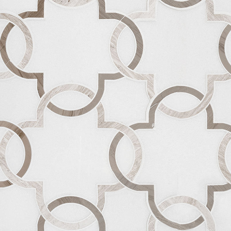 Top-down view of BIANCO QUATREFOIL POLISHED in MARBLE MOSAIC with a POLISHED finish, featuring the intricate surface characteristics and refined finish.