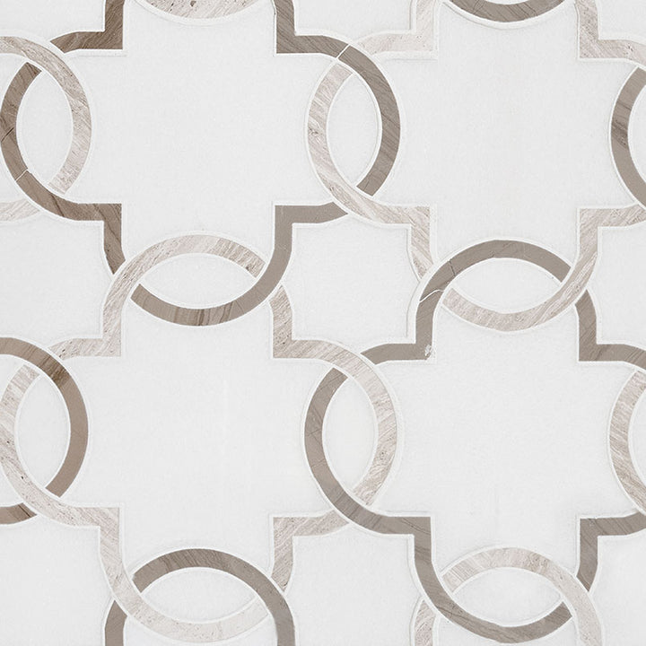 Top-down view of BIANCO QUATREFOIL POLISHED in MARBLE MOSAIC with a POLISHED finish, featuring the intricate surface characteristics and refined finish.