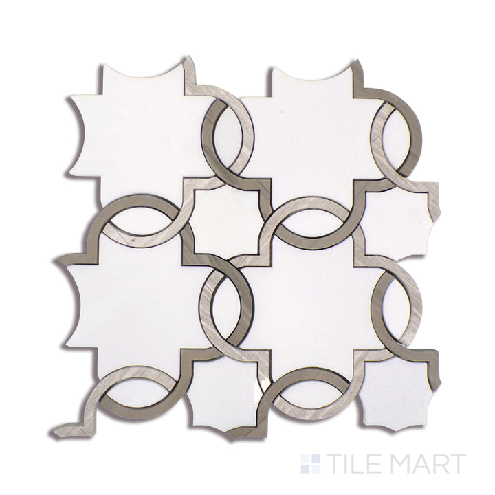 Angled shot of BIANCO QUATREFOIL POLISHED MARBLE MOSAIC with a POLISHED finish, showing the sleek surface and dimensionality from a slanted view.