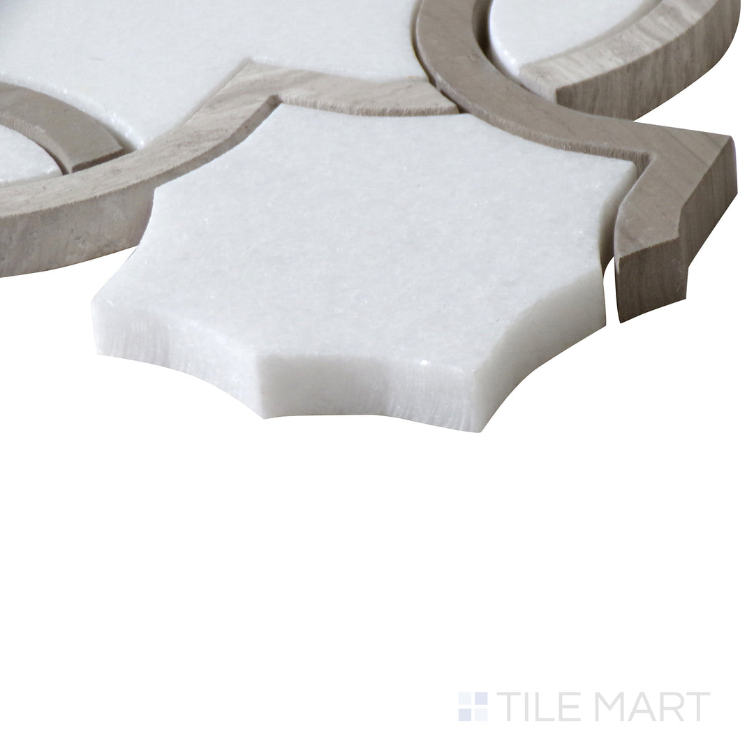 Corner shot of BIANCO QUATREFOIL POLISHED MARBLE MOSAIC with a POLISHED finish, capturing the thickness and material depth from an angled corner perspective.