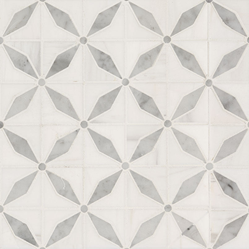Top-down view of BIANCO STARLITE POLISHED in MARBLE MOSAIC with a POLISHED finish, revealing the subtle texture and material patterns.