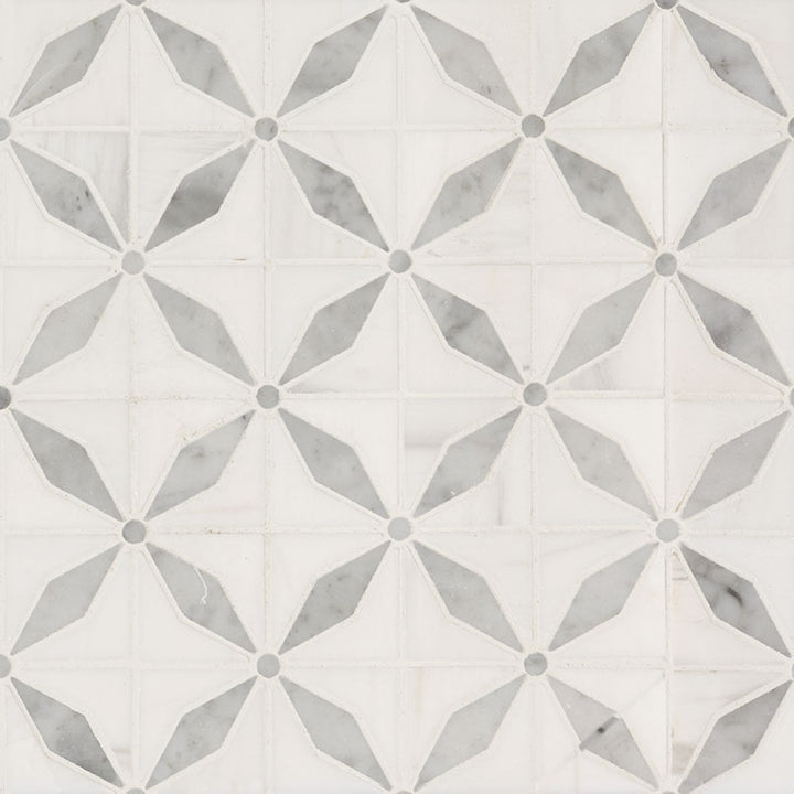 Top-down view of BIANCO STARLITE POLISHED in MARBLE MOSAIC with a POLISHED finish, revealing the subtle texture and material patterns.