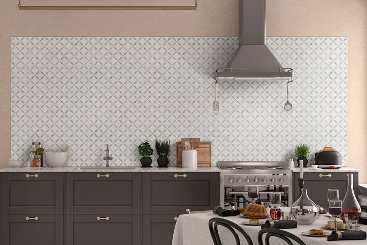 A delicate star-like pattern with a polished finish adds a soft yet elegant feel, making Bianco Dolomite Starlite polished marble mosaic a timeless choice.