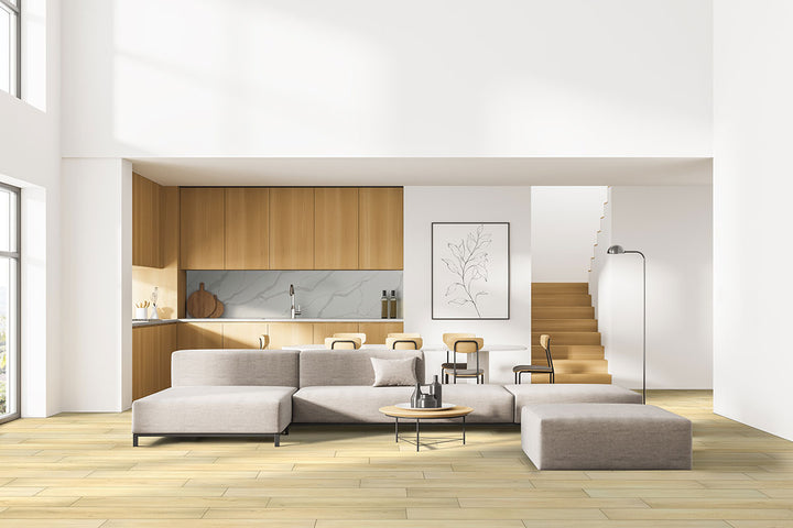 Inviting room setting with Smithcliffs Glenbury Oak 7X48 flooring offering warm, rustic wood textures.