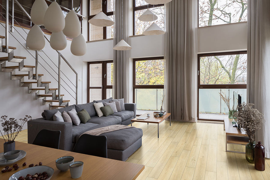 Smithcliffs Lanston Oak 7x48 vinyl planks featuring warm, rustic wood tones and subtle variation across a matte surface.