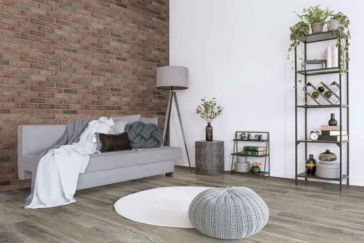 Modern interior with Ashton 2.0 Stableton 7x48 low gloss luxury vinyl plank flooring, featuring a balanced blend of medium wood tones and refined grain for an understated, elegant look.