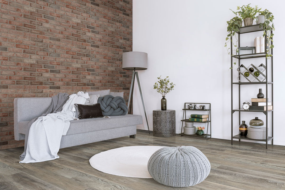 Modern interior with Ashton 2.0 Stableton 7x48 low gloss luxury vinyl plank flooring, featuring a balanced blend of medium wood tones and refined grain for an understated, elegant look.