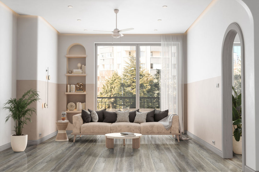 Fresh, transitional interior styled over Ashton 2.0 Stableton 7x48 vinyl flooring, where balanced mid-brown hues blend effortlessly with modern or farmhouse décor.