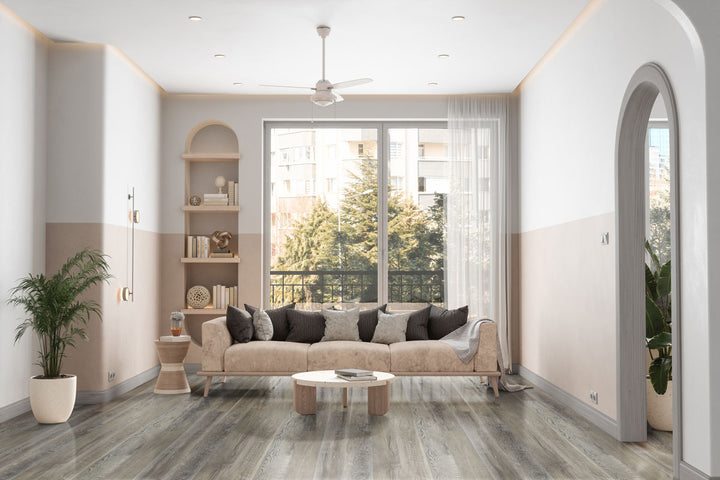 Fresh, transitional interior styled over Ashton 2.0 Stableton 7x48 vinyl flooring, where balanced mid-brown hues blend effortlessly with modern or farmhouse décor.