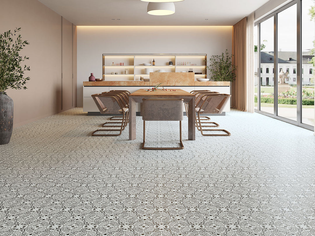 Refined ambiance with Trecento XL Kenzzi Taza 18X36 flooring, presenting a bold patterned stone look.