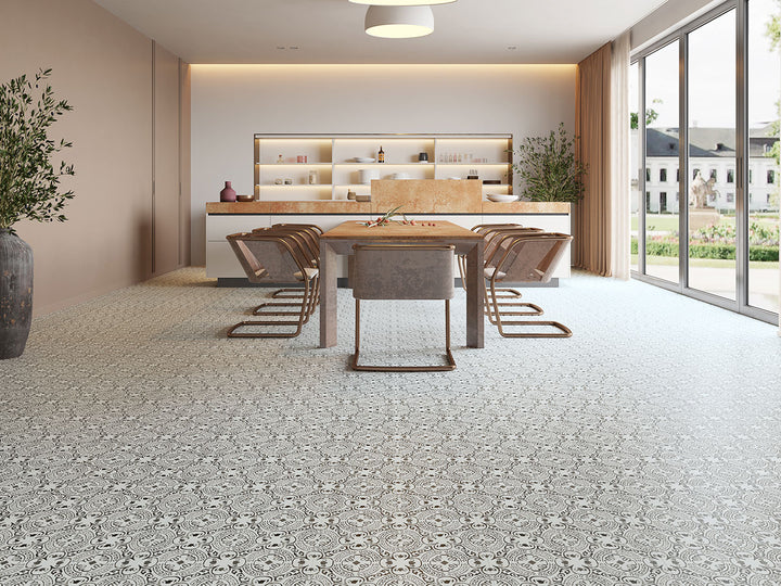 Refined ambiance with Trecento XL Kenzzi Taza 18X36 flooring, presenting a bold patterned stone look.