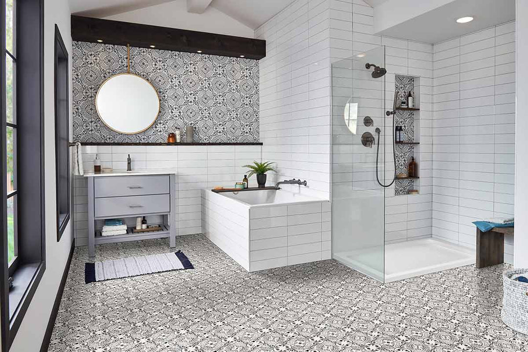 Statement room featuring Trecento XL Kenzzi Taza 18x36 luxury vinyl plank flooring, inspired by Moroccan tile design with bold geometric patterns in a large-format layout.