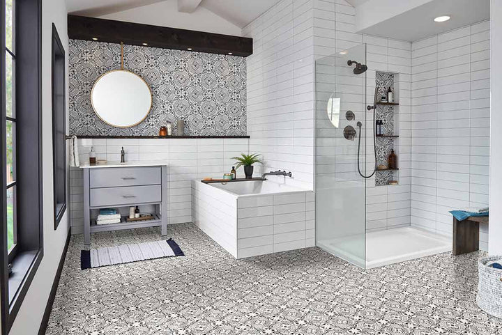 Statement room featuring Trecento XL Kenzzi Taza 18x36 luxury vinyl plank flooring, inspired by Moroccan tile design with bold geometric patterns in a large-format layout.