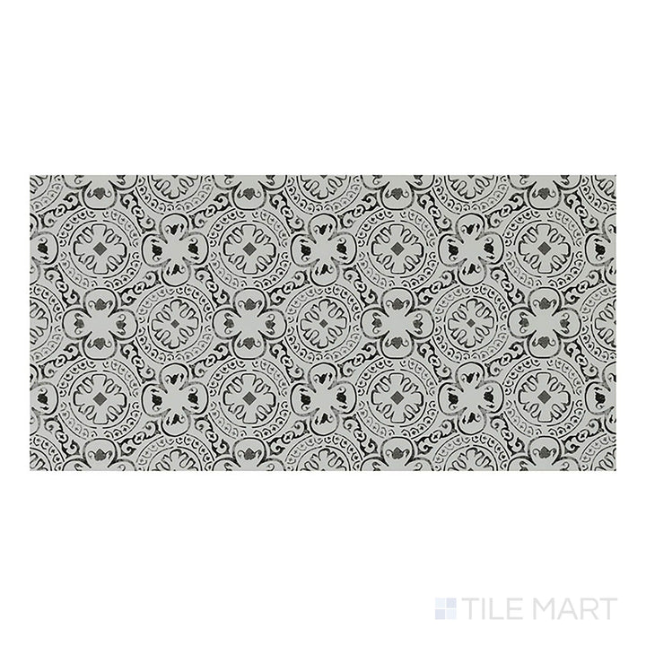 Top-down view of Trecento XL Kenzzi Taza 18x36 low gloss vinyl plank highlights bold Moroccan-inspired patterns in neutral tones.