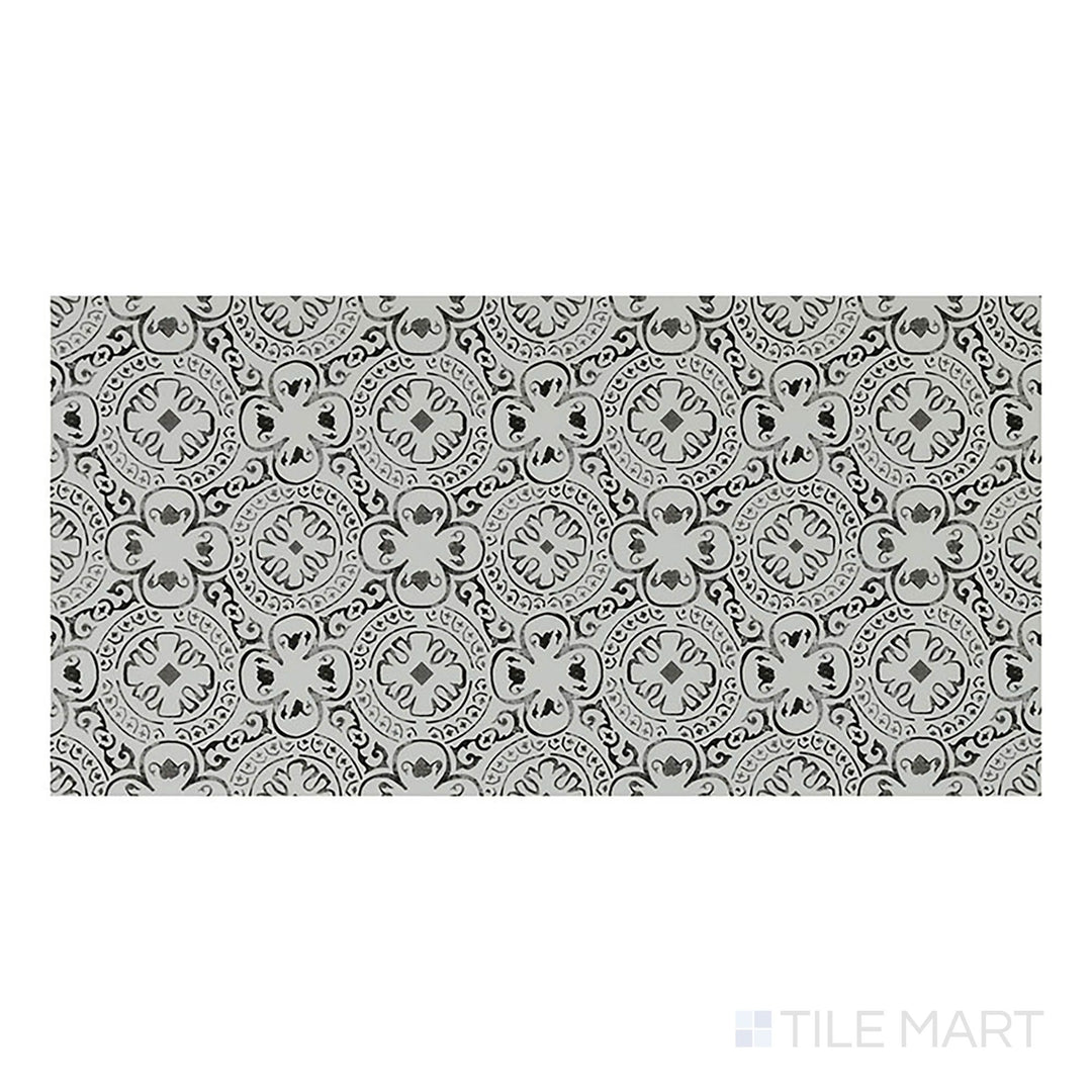 Top-down view of Trecento XL Kenzzi Taza 18x36 low gloss vinyl plank highlights bold Moroccan-inspired patterns in neutral tones.